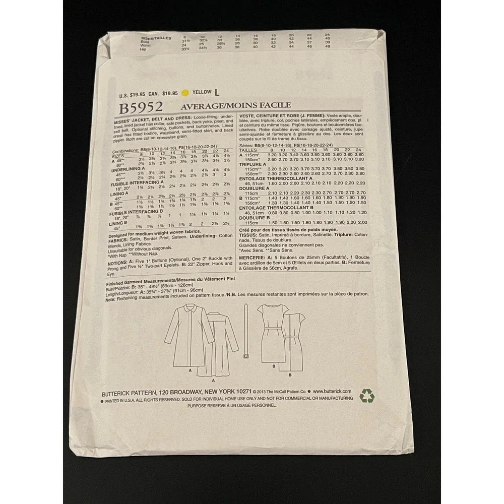 00221 - Butterick B5952 Sewing Pattern Misses Jacket Dress Belt‎ Size B5 (8-16)